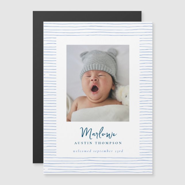 Faire-part de naissance bleu à main classique (Devant / Derrière)