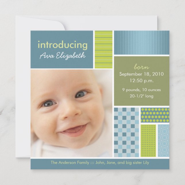 Faire-part de naissance bleu patchwork carré desig (Devant)