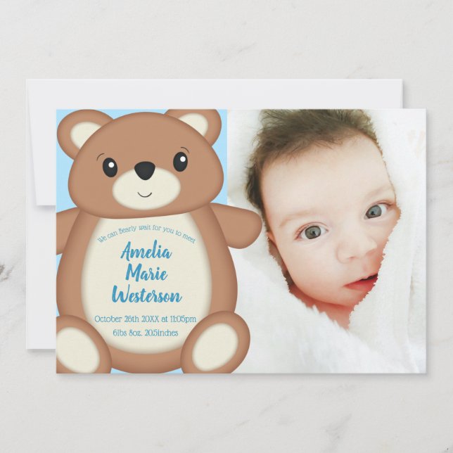 Faire-part de naissance bleu Teddy Bear (Devant)