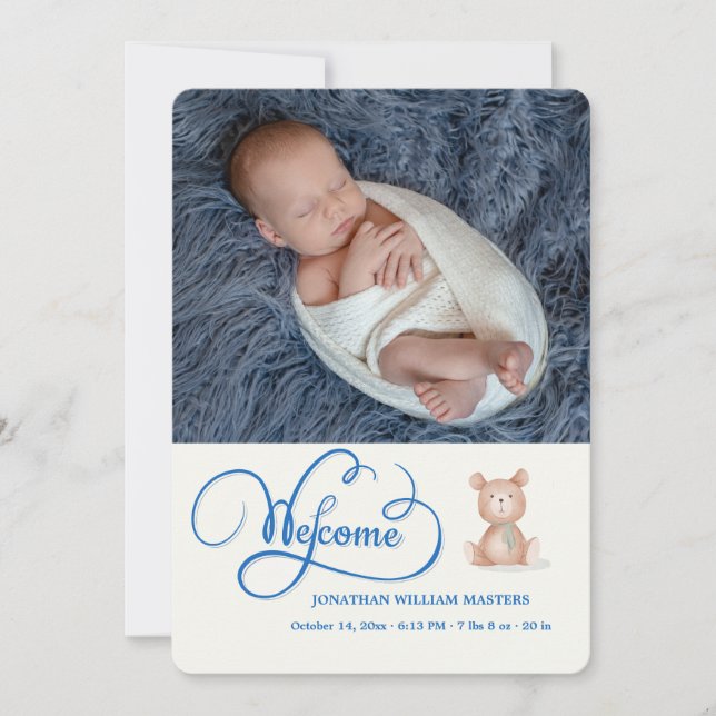 Faire-part de naissance Blue Welcome Calligraphy (Devant)