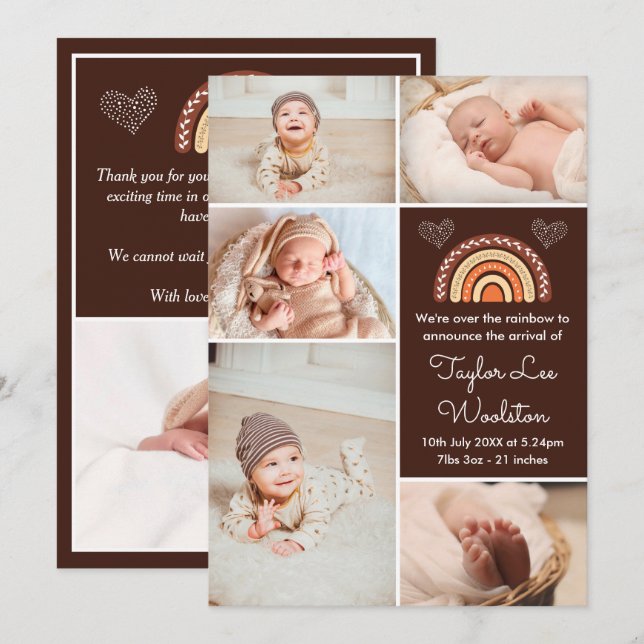 Faire-part de naissance Brown Boho Rainbow (Devant / Derrière)