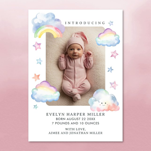 Faire-part de naissance Clouds & Stars Baby Girl C (Birth announcement card with clouds, stars and rainbow)