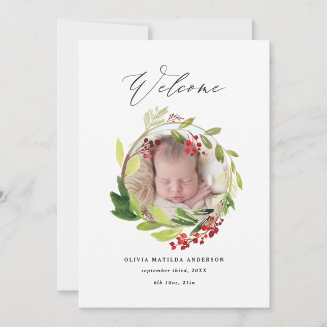 Faire-part de naissance couronne d'hiver aquarelle (Devant)