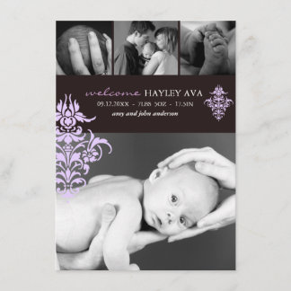 Faire-part de naissance damassé violet et marron