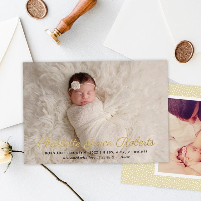 Faire-part de naissance de bébé au script feuille  (Créateur téléchargé)
