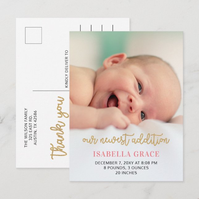 Faire-part de naissance de bébé au script rose (Devant / Derrière)