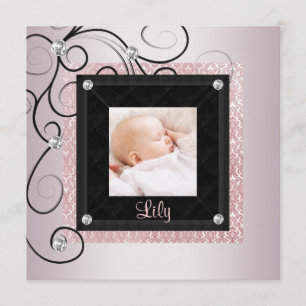 Faire-part de naissance de bébé fille en damas ros