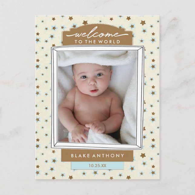 Faire-part de naissance de bébé garçon Bleu étoilé (Devant)