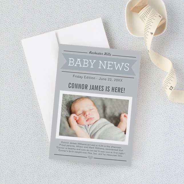Faire-part de naissance de bébé garçon gris modern (Créateur téléchargé)