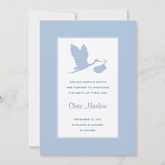 Faire-part de naissance de cigogne bleue (Devant)