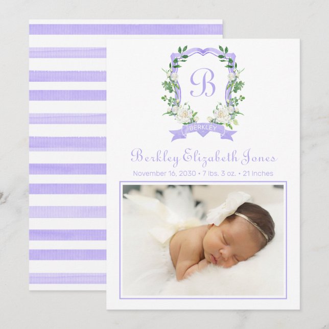 Faire-part de naissance de crête monogramme floral (Devant / Derrière)