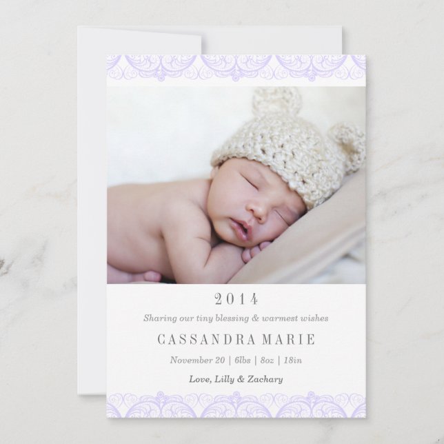 Faire-part de naissance dentelle violette (Devant)