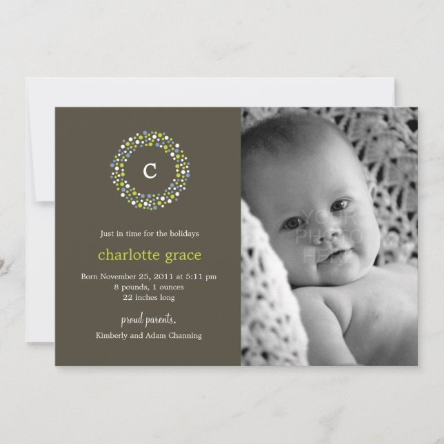 Faire-part de naissance d'hiver Monogramme Wreath (Devant)