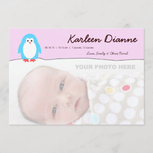 Faire-part de naissance du ciel rose pingouin bleu