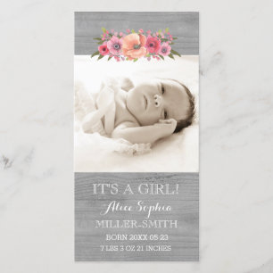 Faire-part de naissance en bois floral rose de