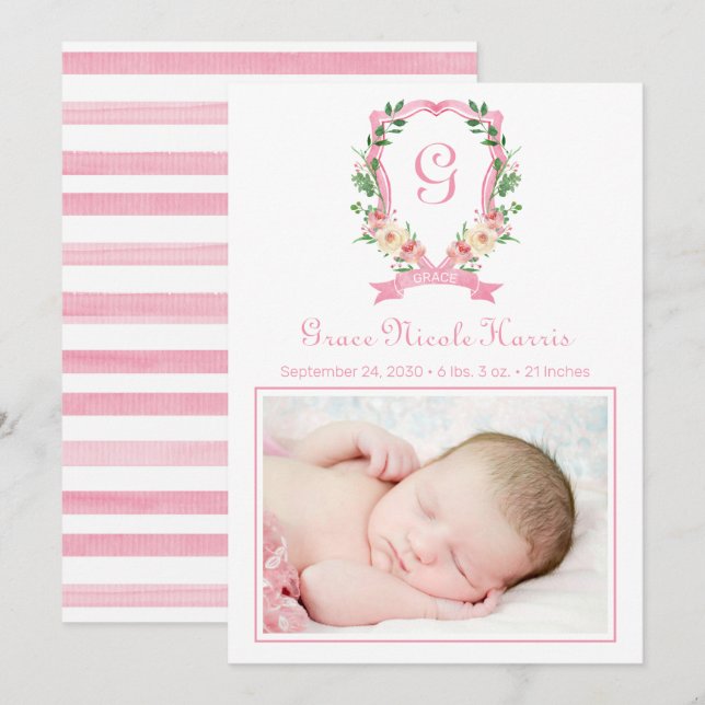 Faire-part de naissance en crête rose monogramme (Devant / Derrière)