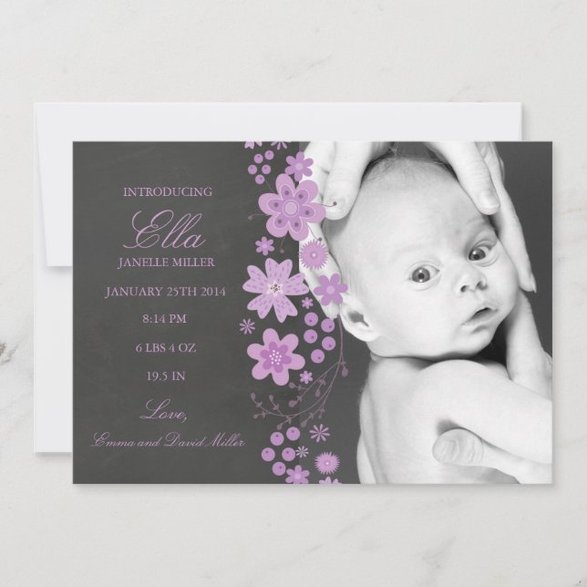 Faire-part de naissance en damier violet floral (Devant)