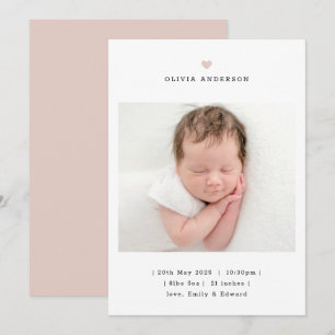 Faire-part de naissance fille coeur rose minimalis