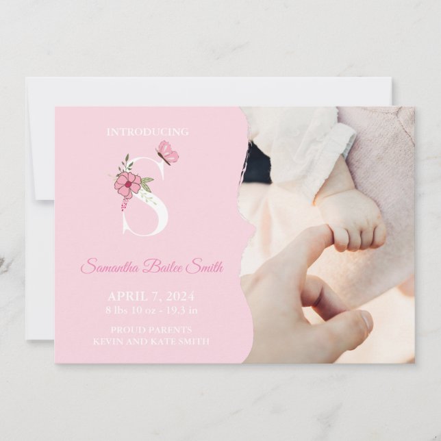 Faire-part de naissance fille initiale S (Devant)