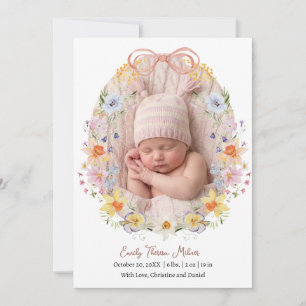 Faire-part de naissance Fleur sauvage au ruban ros