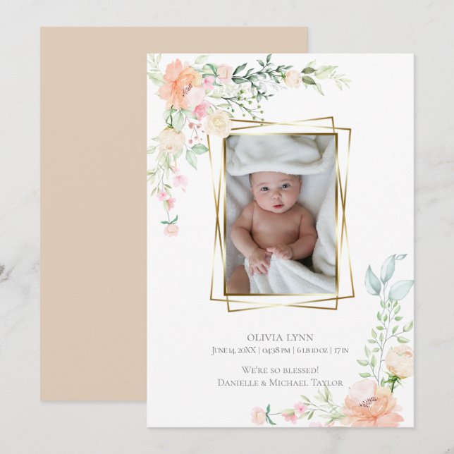 Faire-part de naissance | Fleurs d'aquarelle de pr (Devant / Derrière)