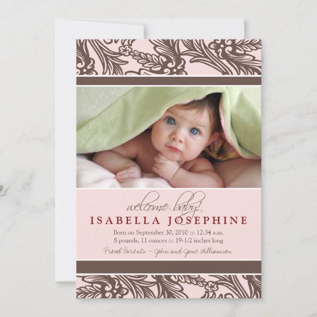 Faire-part de naissance floral orné (rose) (Devant)