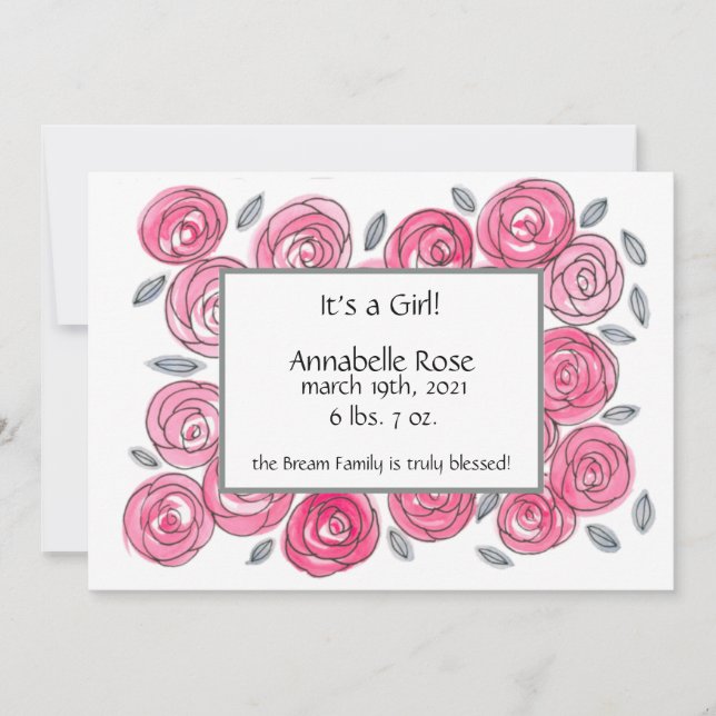 Faire-part de naissance floral rose moderne (Devant)