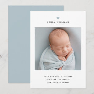 Faire-part de naissance garçon coeur bleu minimali