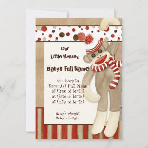 Faire-part de naissance garçon Singe Chaussette