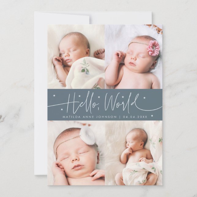 Faire-part de naissance Hello World Script Bleu Ar (Devant)