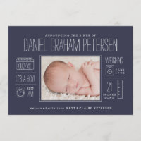 Faire-part de naissance infographique en bleu mari