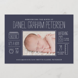 Faire-part de naissance infographique en bleu mari