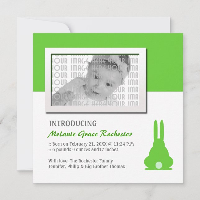 Faire-part de naissance lapin vert (Devant)