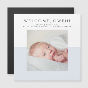Faire-part de naissance moderne bleu et blanc Pho