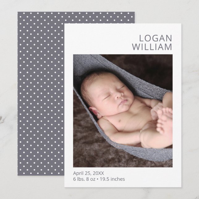 Faire-part de naissance moderne en gris photo (Devant / Derrière)