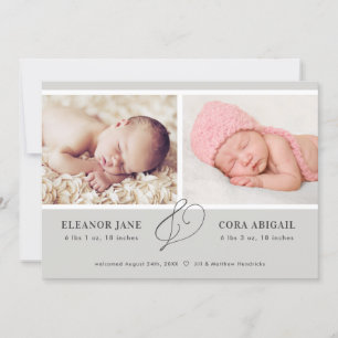 Faire-part de naissance moderne gris Twins