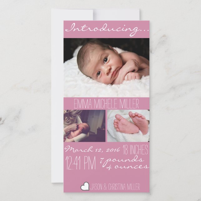 Faire-part de naissance moderne rose bébé Carte ph (Devant)