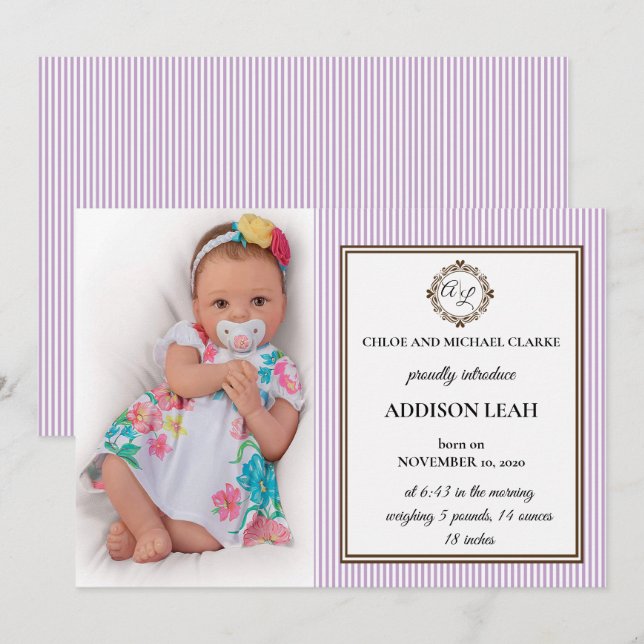 Faire-part de naissance monogramme (Devant / Derrière)