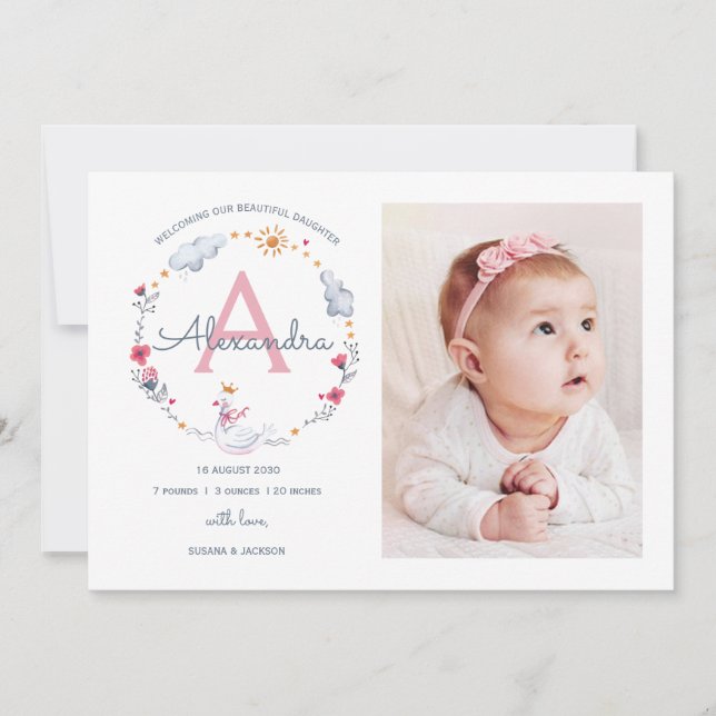 Faire-part de naissance monogramme cygne princesse (Devant)