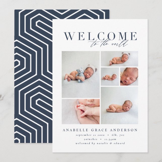 Faire-part de naissance multi photo marine géométr (Devant / Derrière)