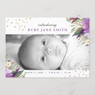 Faire-part de naissance paillettes or violet aquar