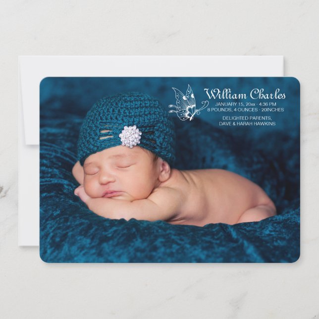 Faire-part de naissance photo à papillon blanc (Devant)