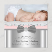 Faire-part de naissance Photo Bébé Fille Rose Gris