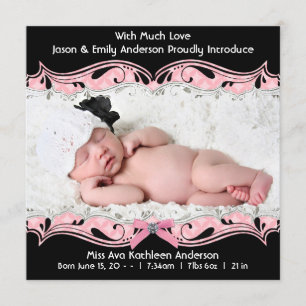 Faire-part de naissance Photo Bébé Fille Rose Noir