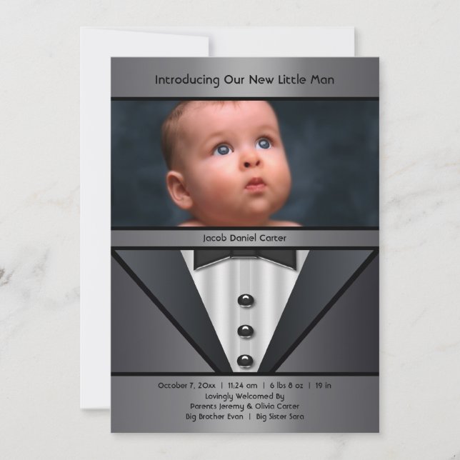 Faire-part de naissance photo Black Tuxedo Boy (Devant)