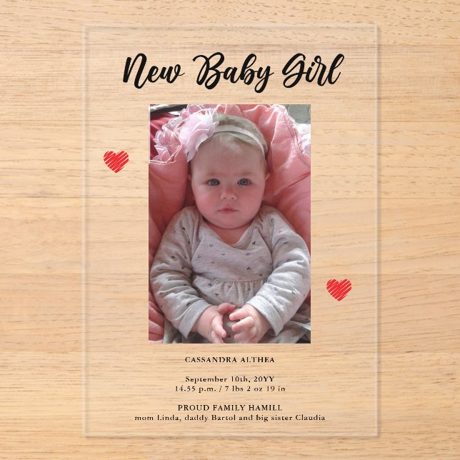 Faire-part de naissance Photo Fille Carte en Acryl (Recto)
