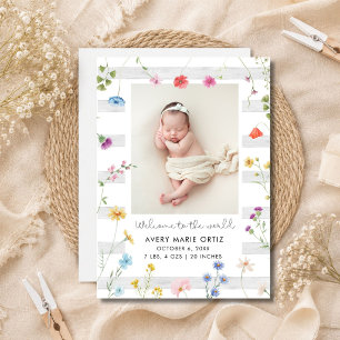 Faire-part de naissance photo floral à rayures d'é