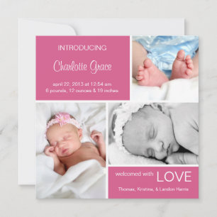 Faire-part de naissance photo multiple//rose Fuchs