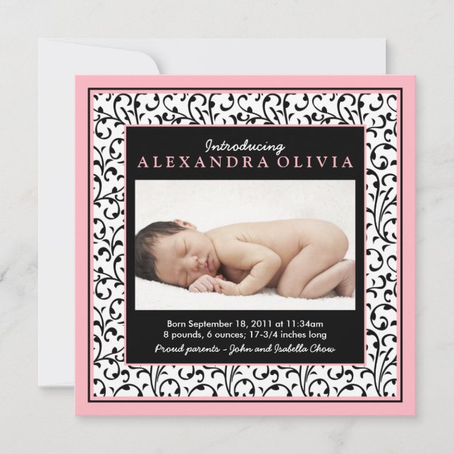 Faire-part de naissance photo pour bébé rose Flora (Devant)