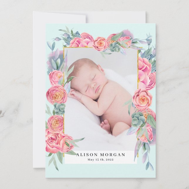 faire-part de naissance photo rose floral or (Devant)